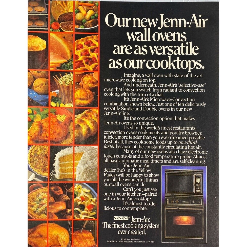 Jenn-Air "Our wall-oven is as Versatile as our cooktop" Food Pics Print Ad 1985